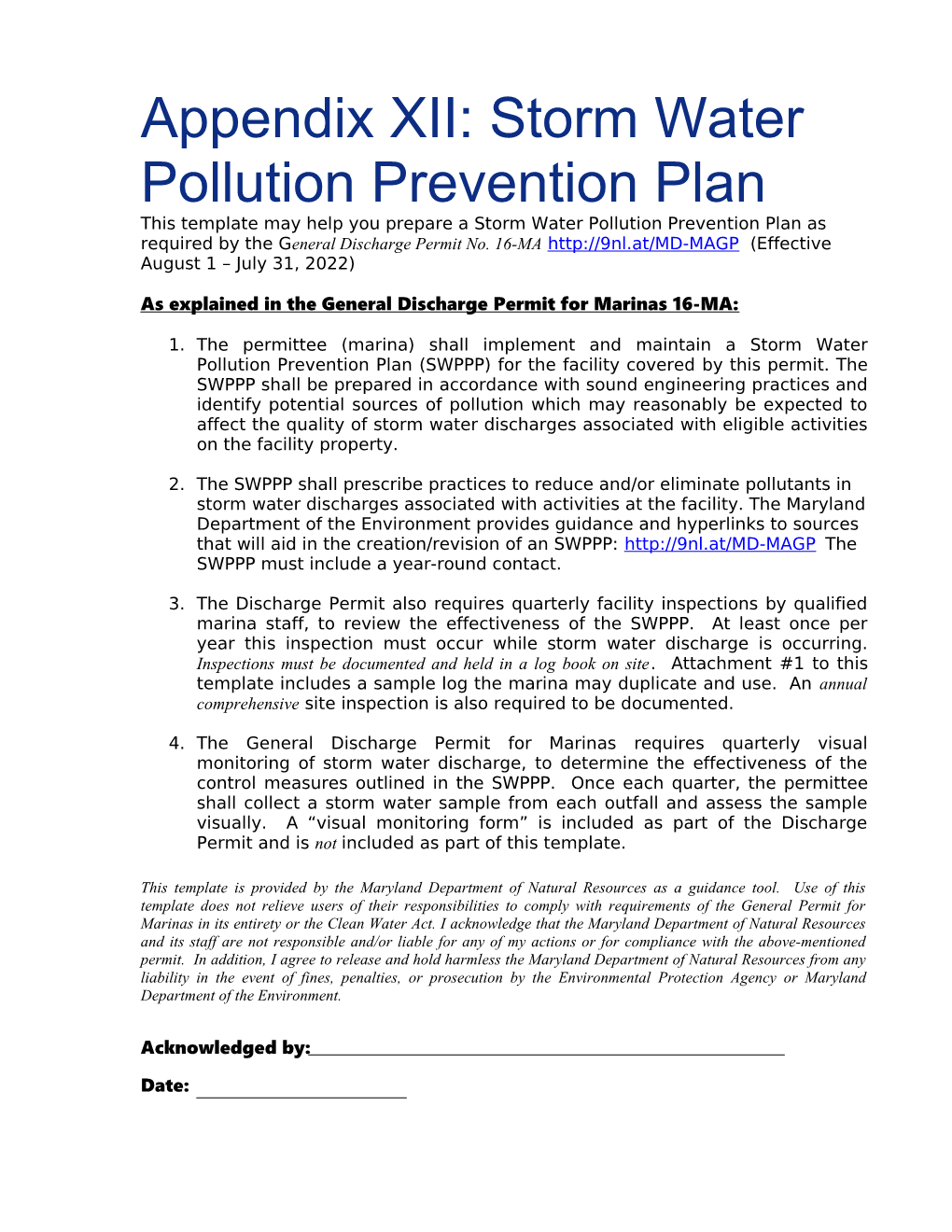 Appendix XII: Stormwater Pollution Prevention Plan