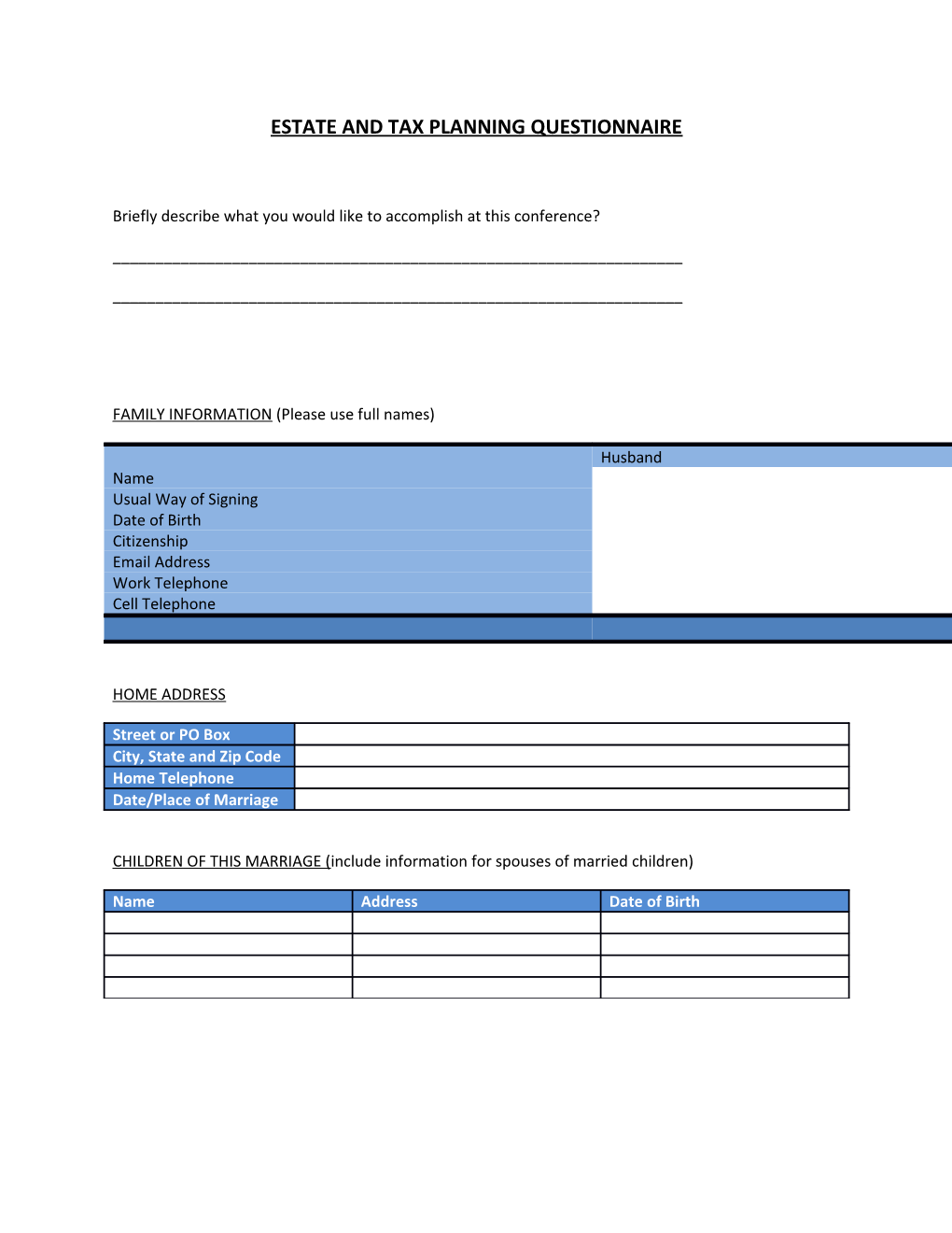 Estate and Tax Planning Questionnaire