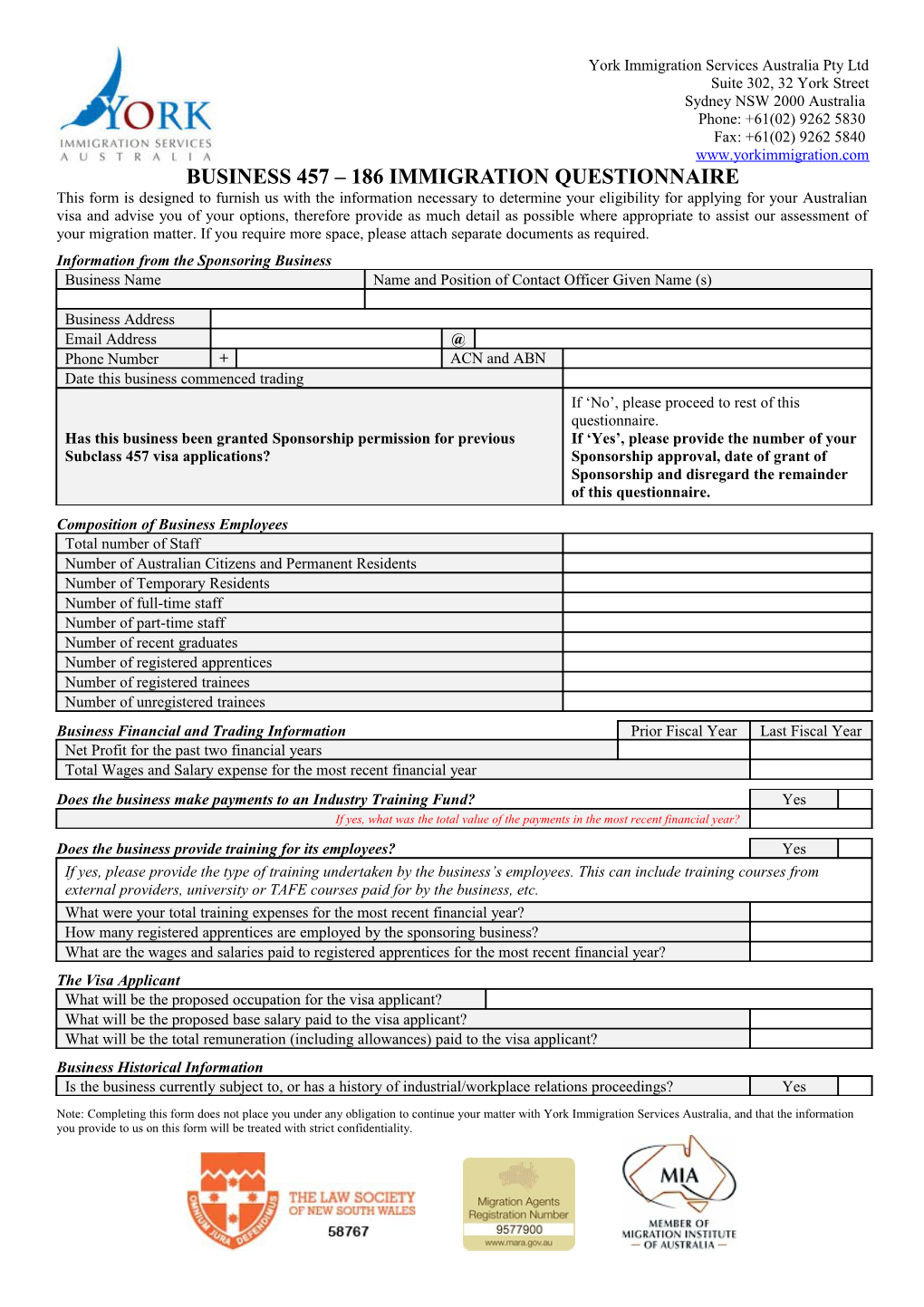 Business 457 186 Immigration Questionnaire