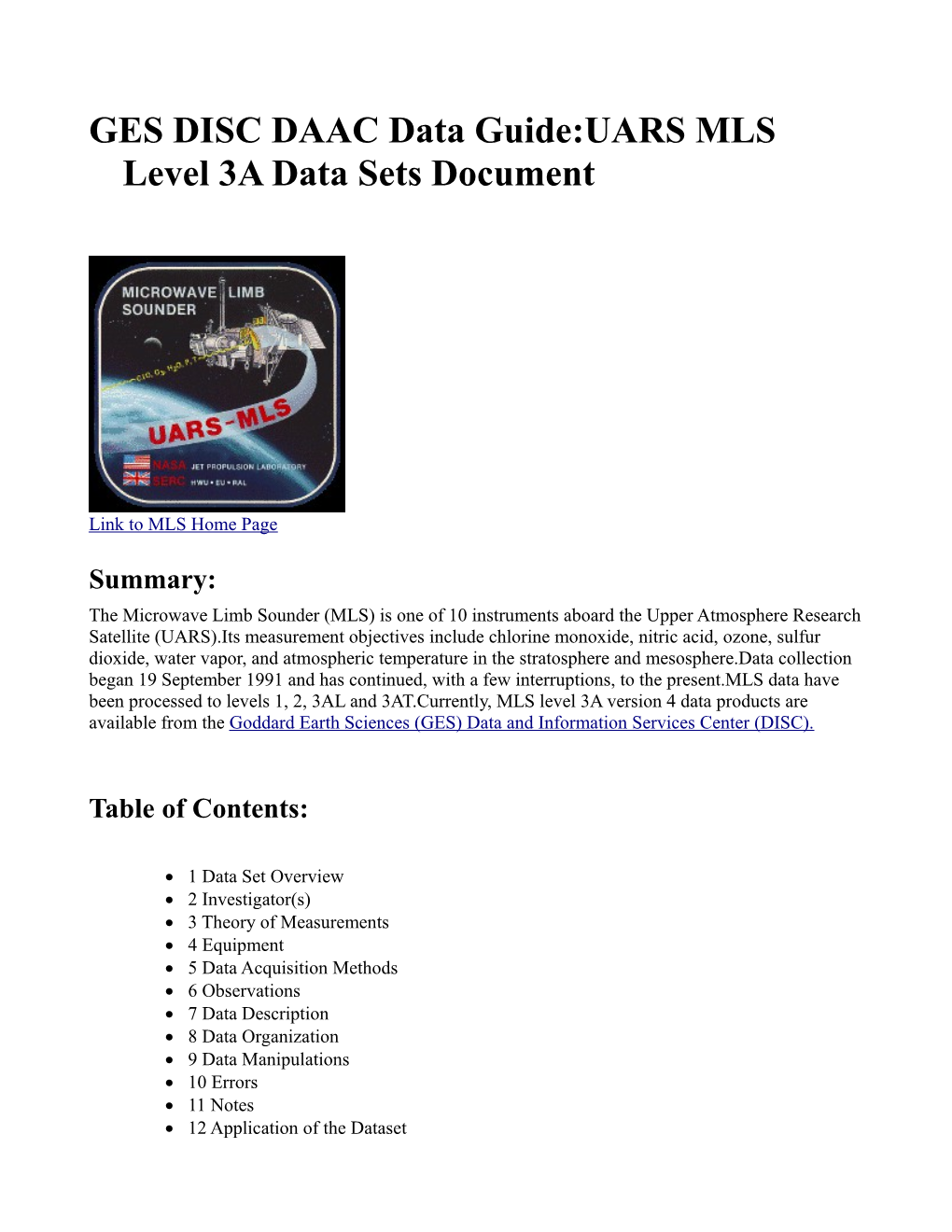 GES DISC DAAC Data Guide:UARS MLS Level 3A Data Sets Document