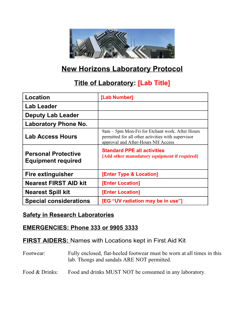 New Horizons Laboratory Protocol