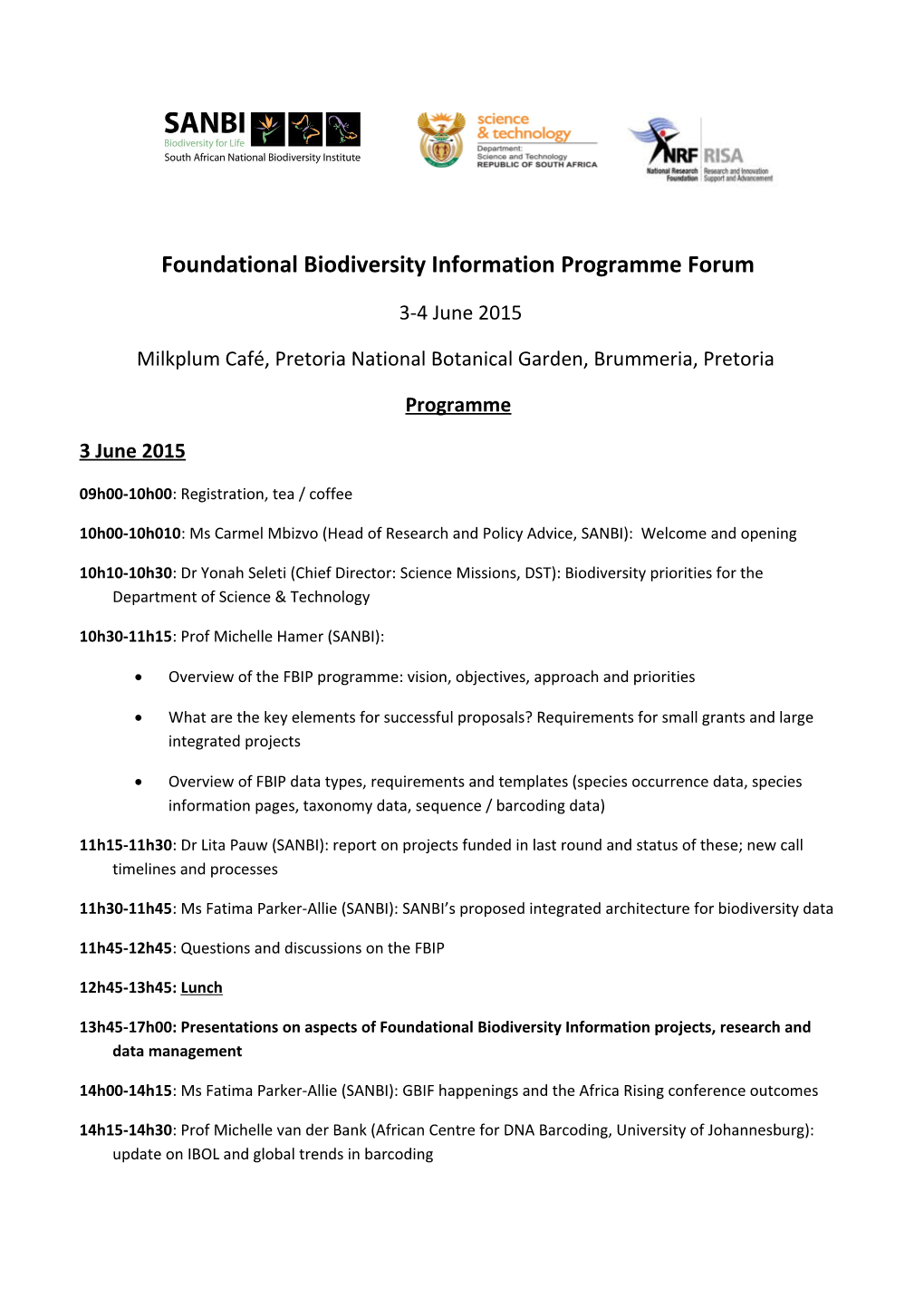 Foundational Biodiversity Information Programme Forum