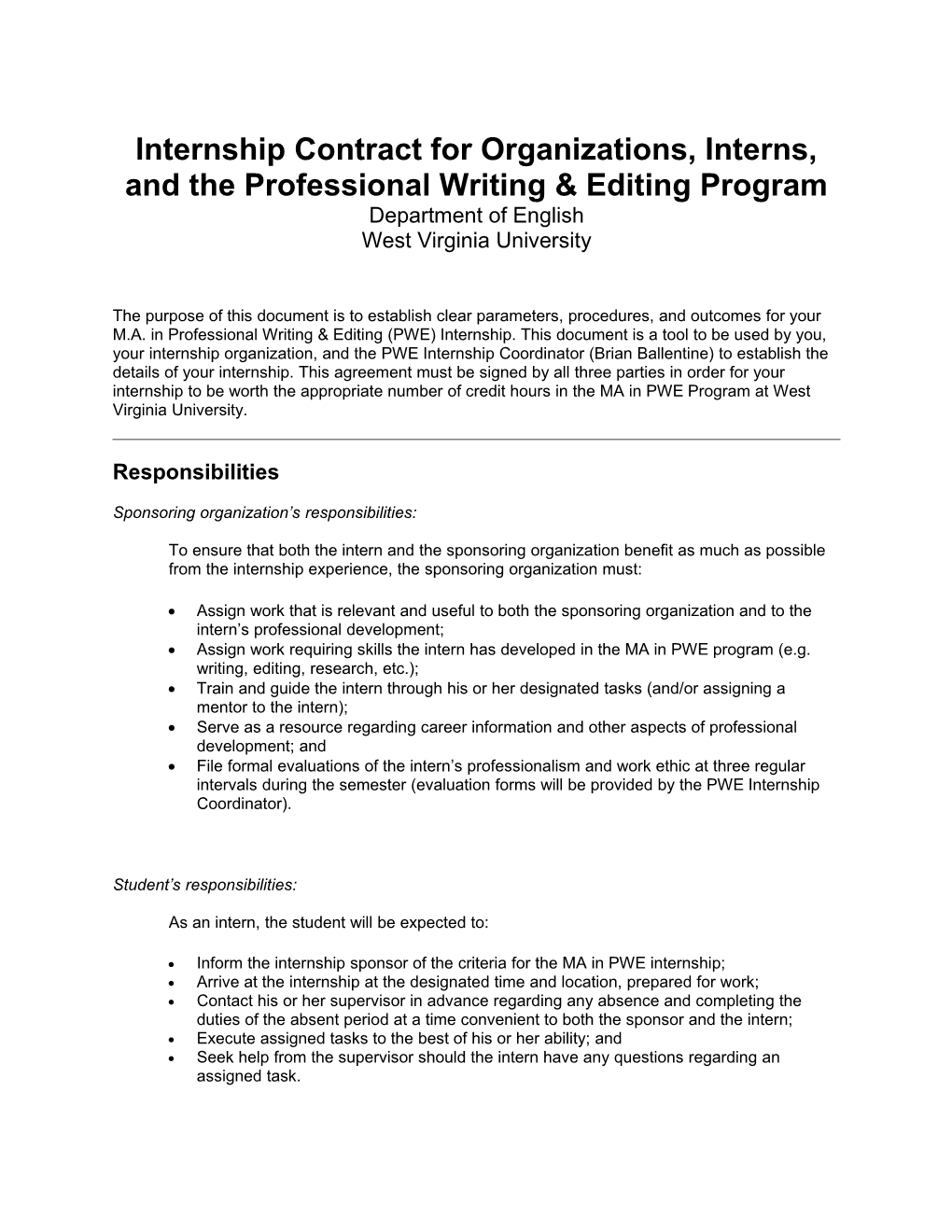 Internship Contract for Organizations, Interns, and the Profess