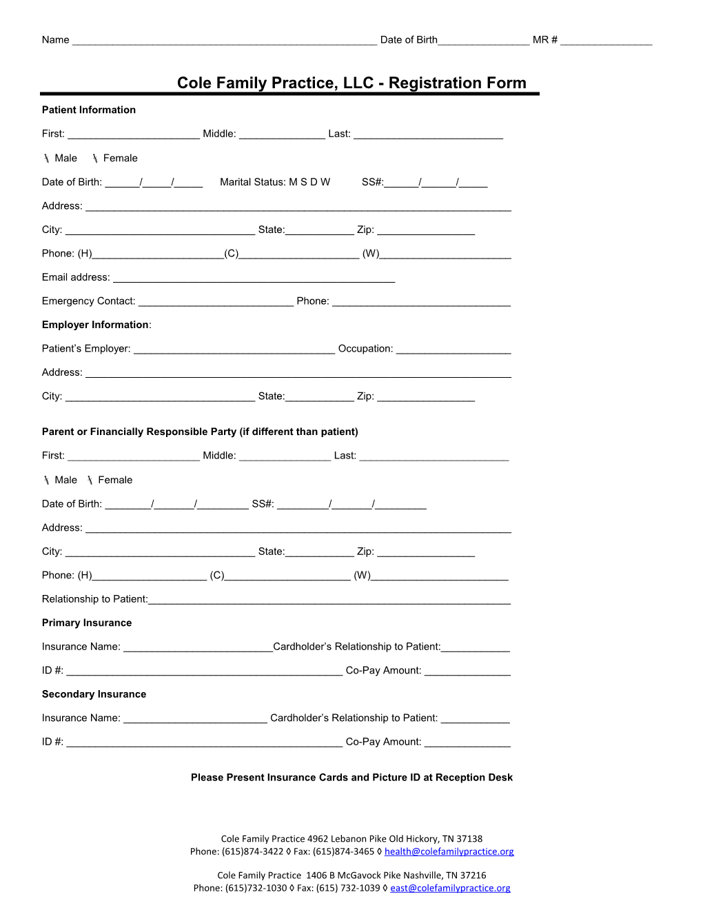 Cole Family Practice, LLC - Registration Form