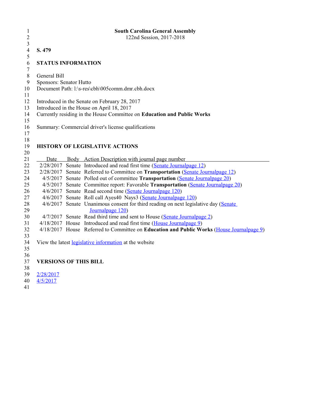 2017-2018 Bill 479: Commercial Driver's License Qualifications - South Carolina Legislature