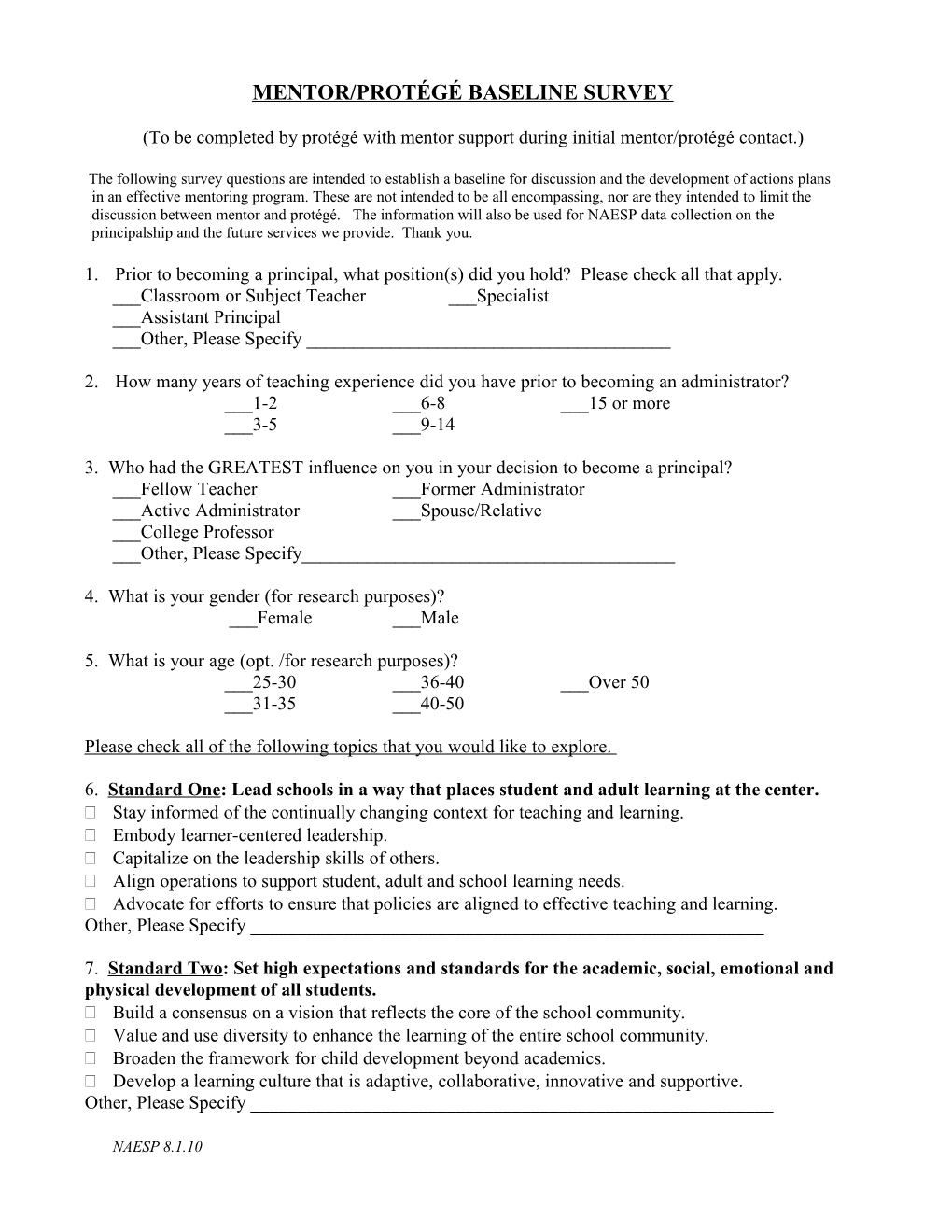 Mentor/Protégé Baseline Survey