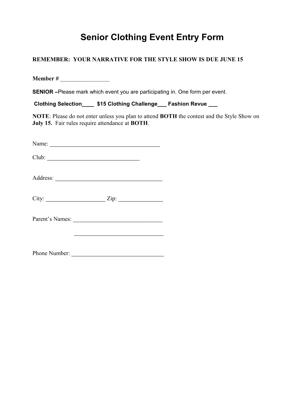 Senior Clothing Event Entry Form