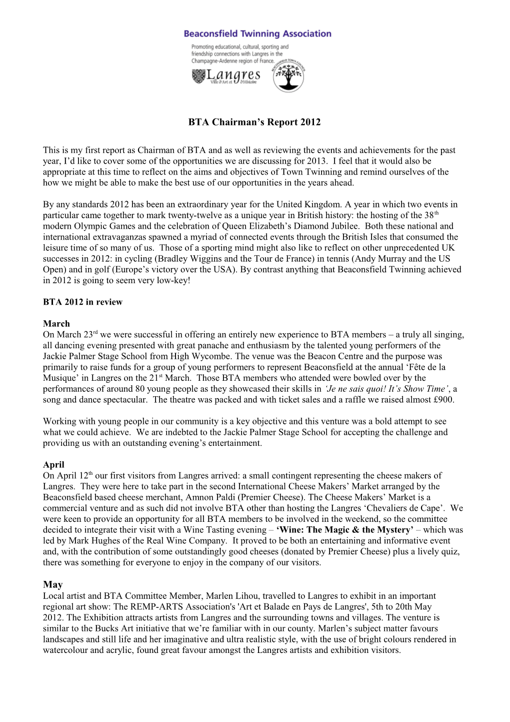 This Is My First Annual Report As Chairman of BTA And, As Well As Reviewing the Events