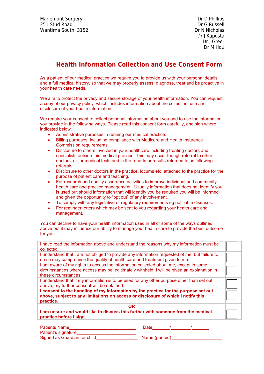 Health Information Collection and Use Consent Form