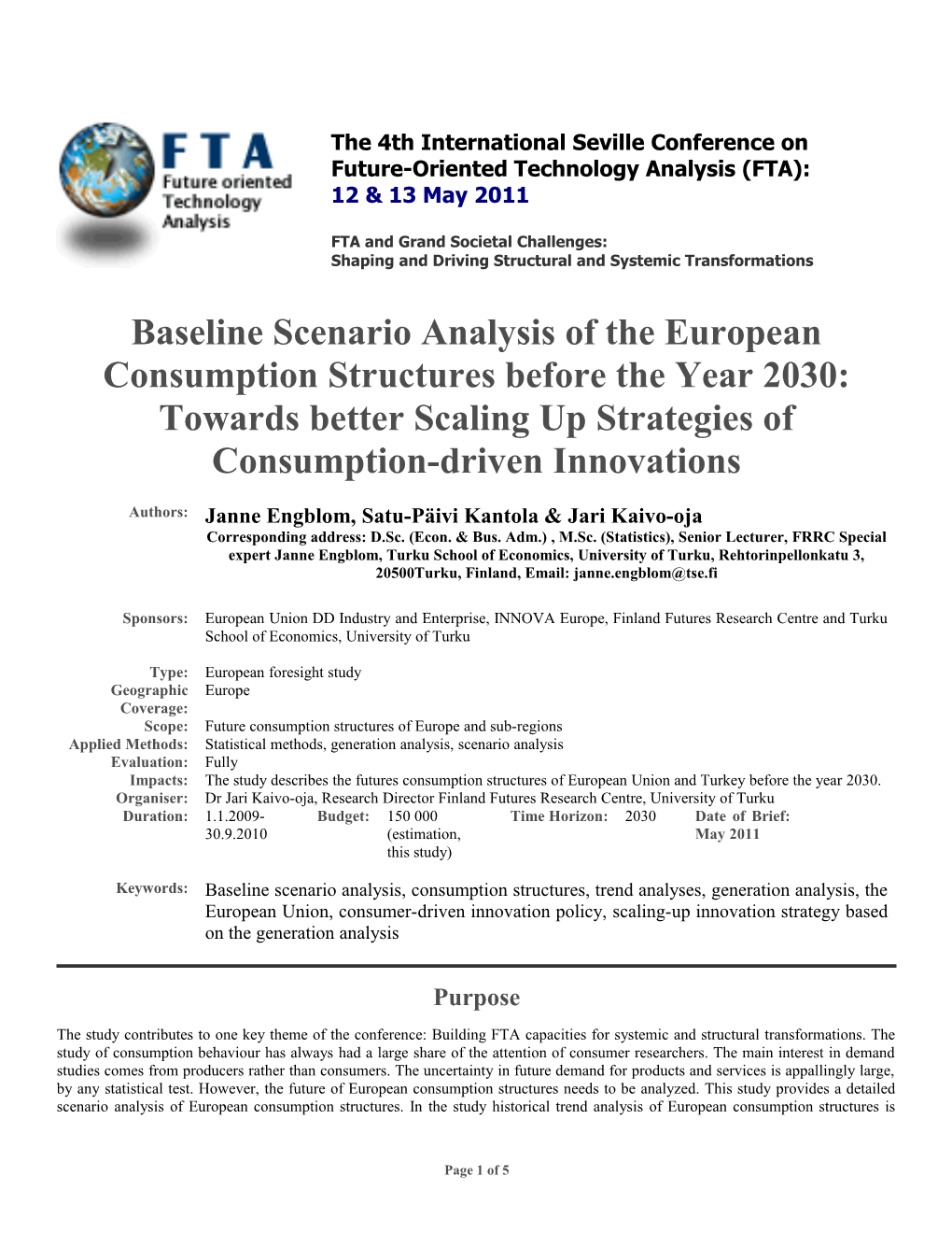 Baseline Scenario Analysis of the European Consumption Structures Before the Year 2030