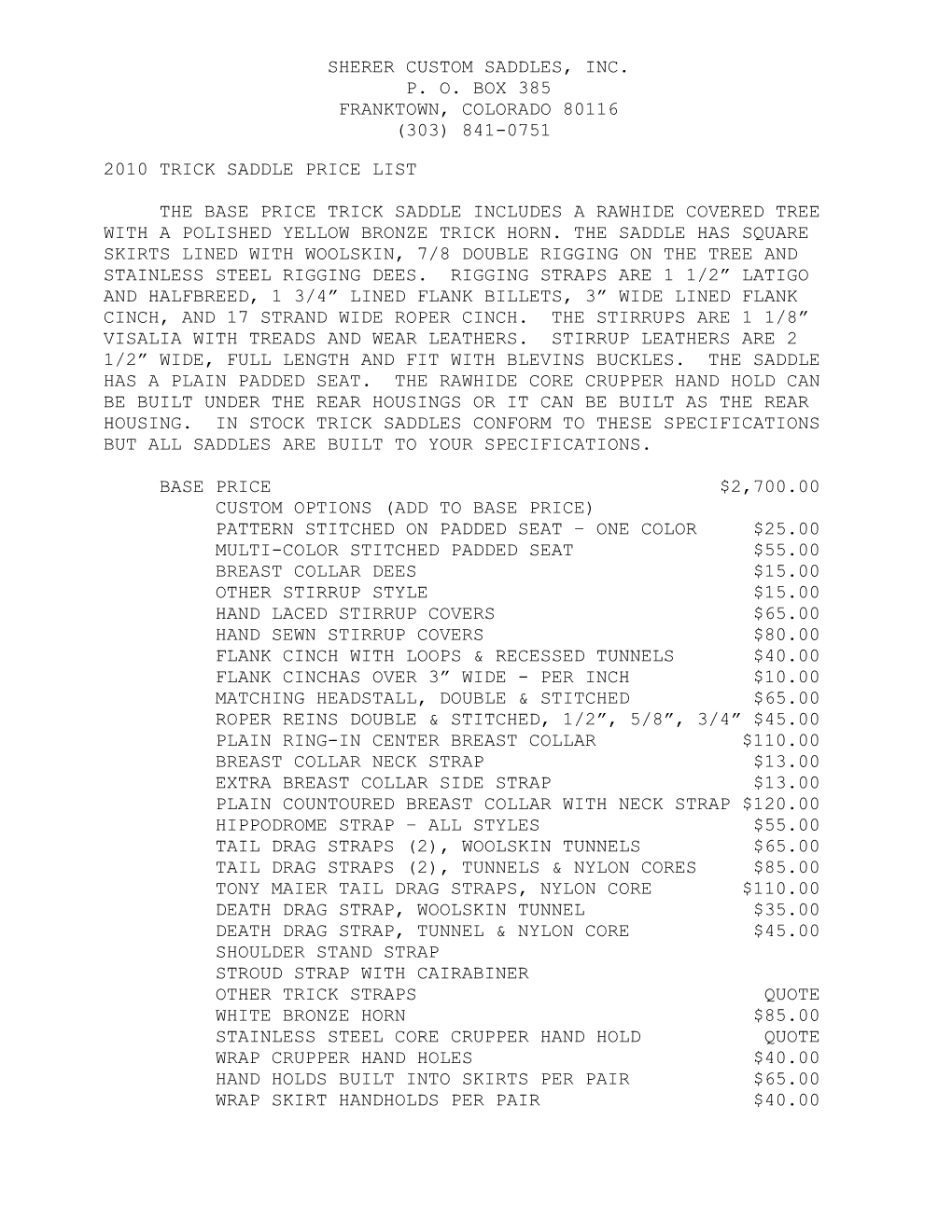 1999 Trick Saddle Price List