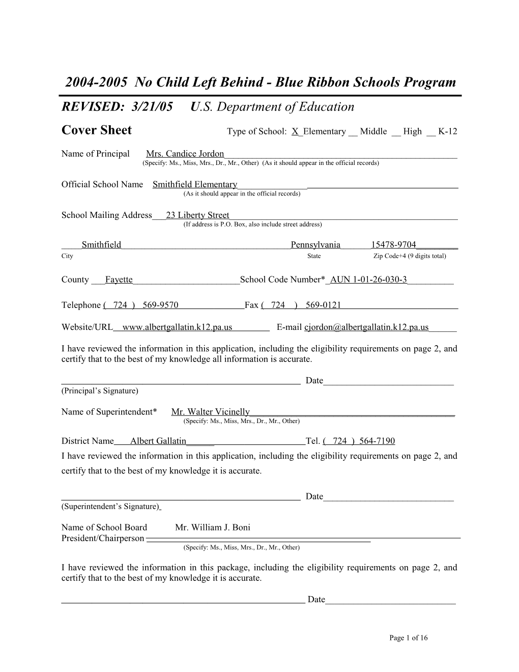 Smithfield Elementary School Application: 2004-2005, No Child Left Behind - Blue Ribbon