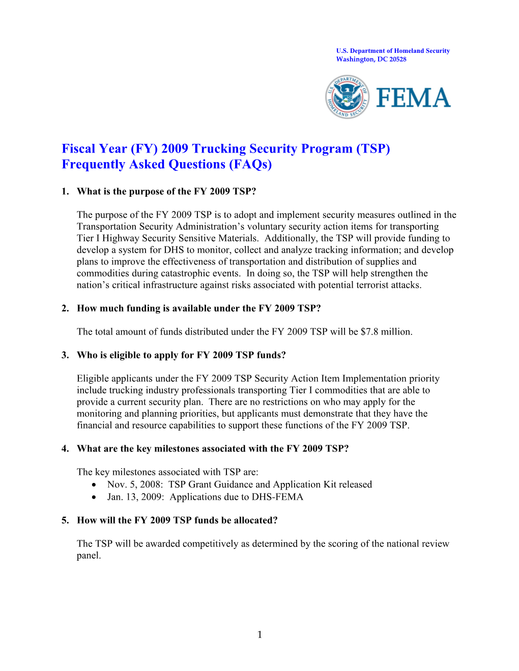 Fiscal Year (FY) 2009Trucking Security Program (TSP)