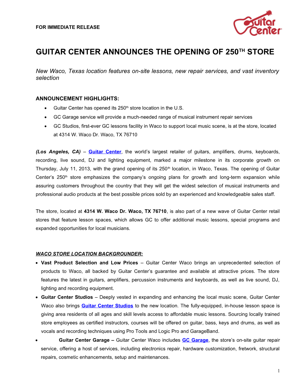 Guitar Center Announces the Opening of 250Th Store