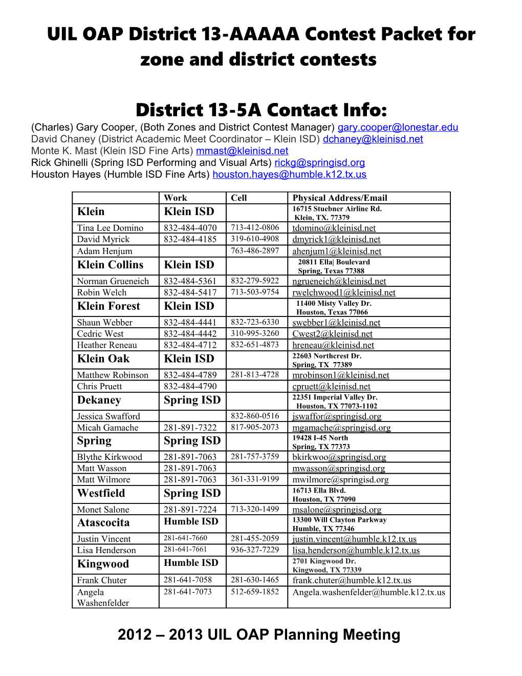 UIL OAP District 13-AAAAA Contest Packet for Zone and District Contests