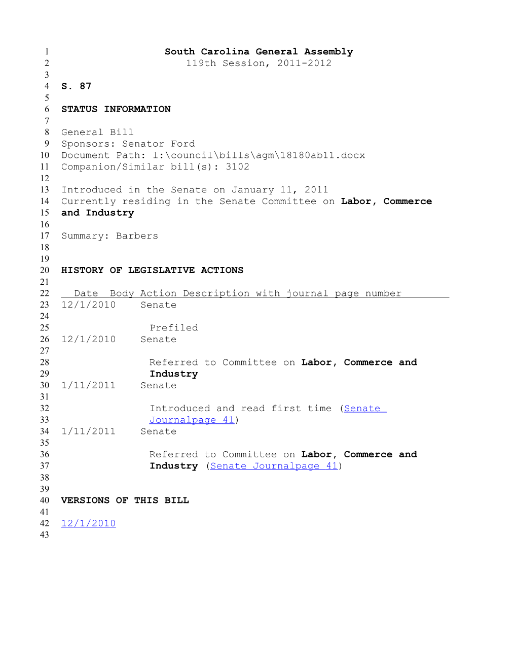 2011-2012 Bill 87: Barbers - South Carolina Legislature Online