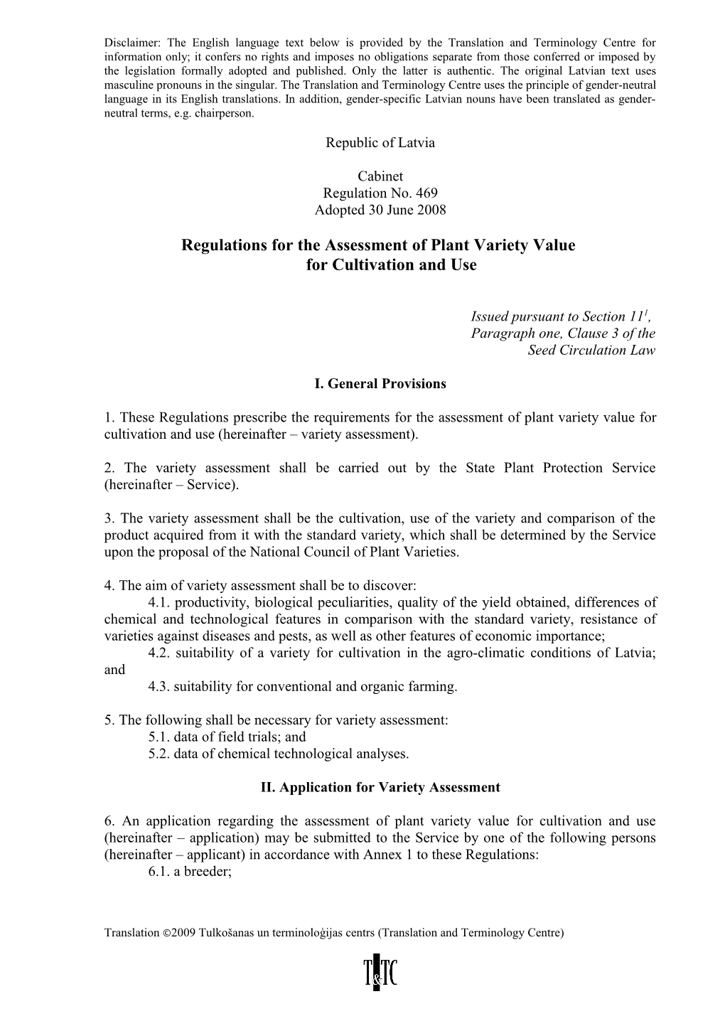 Regulations for the Assessment of Plant Variety Value for Cultivation and Use