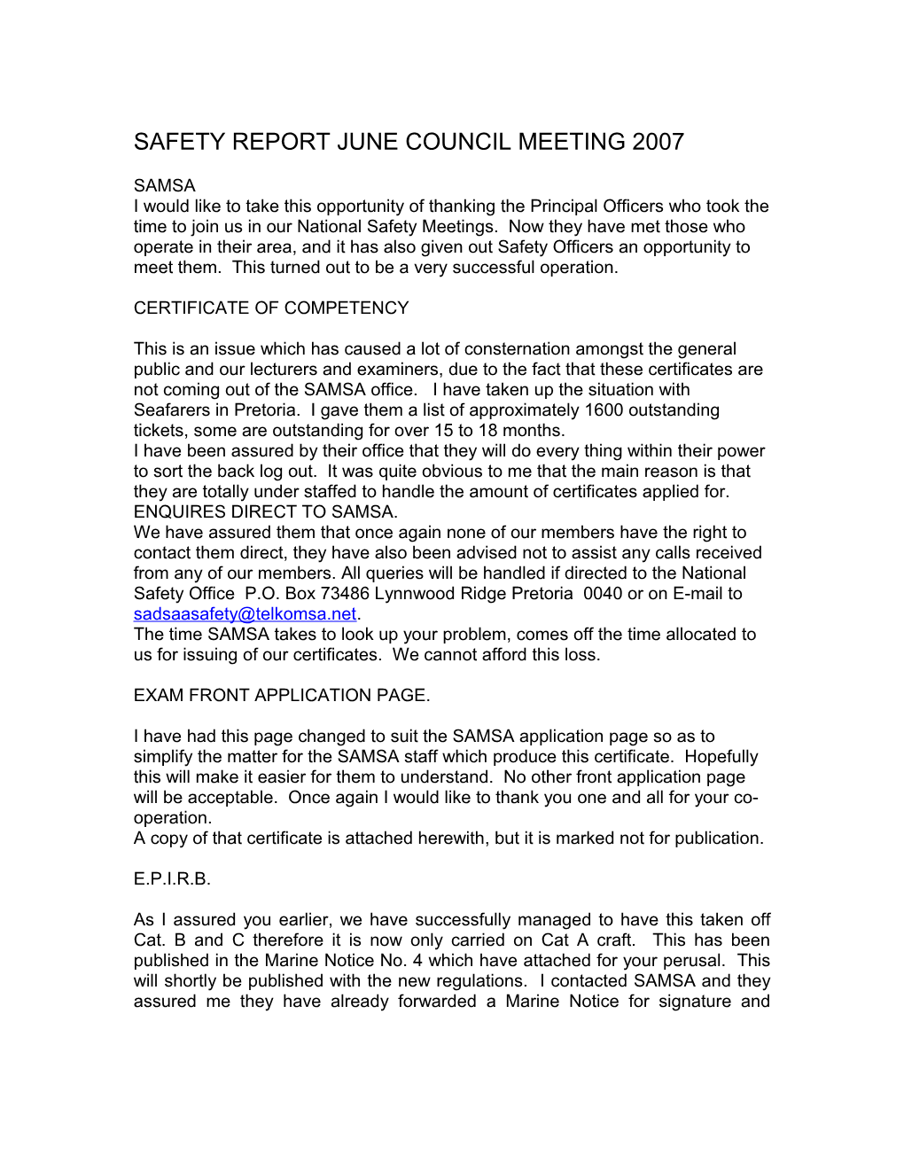 Safety Report June Council Meeting 2007