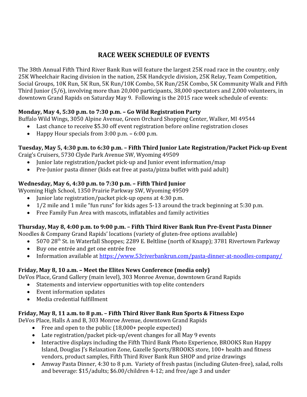 Race Week Schedule of Events