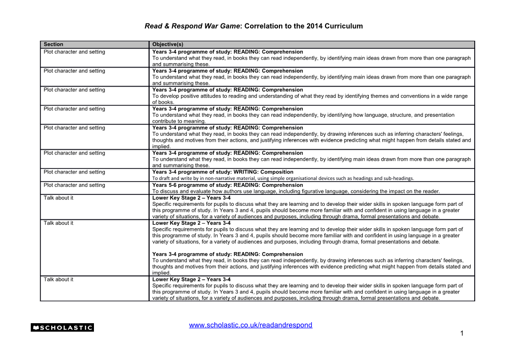 Read & Respond War Game: Correlation to the 2014 Curriculum