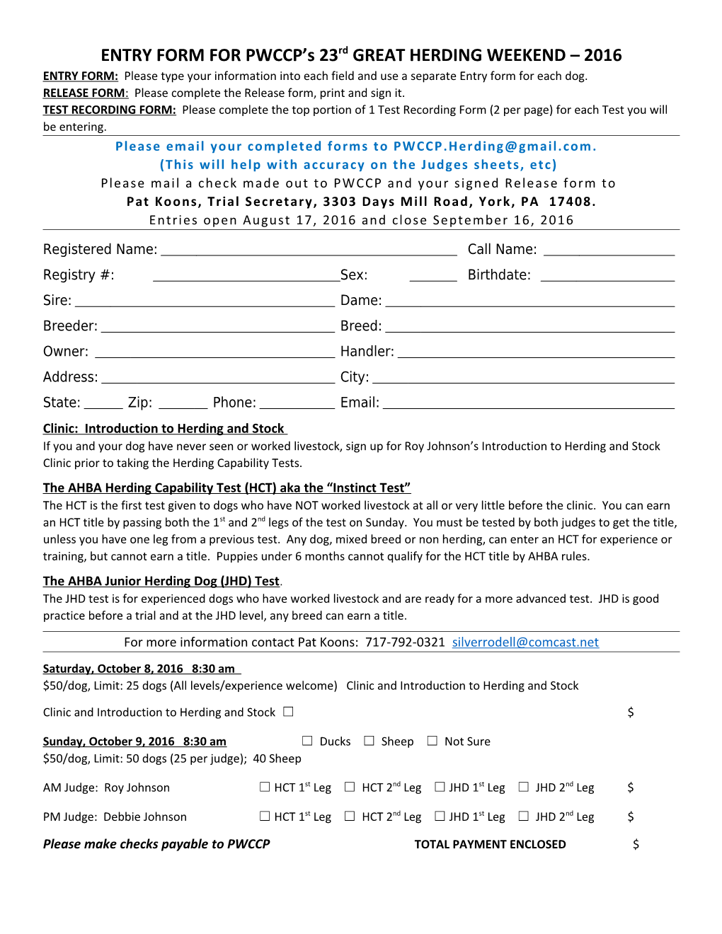 ENTRY FORM for PWCCP S 23Rd GREAT HERDING WEEKEND 2016