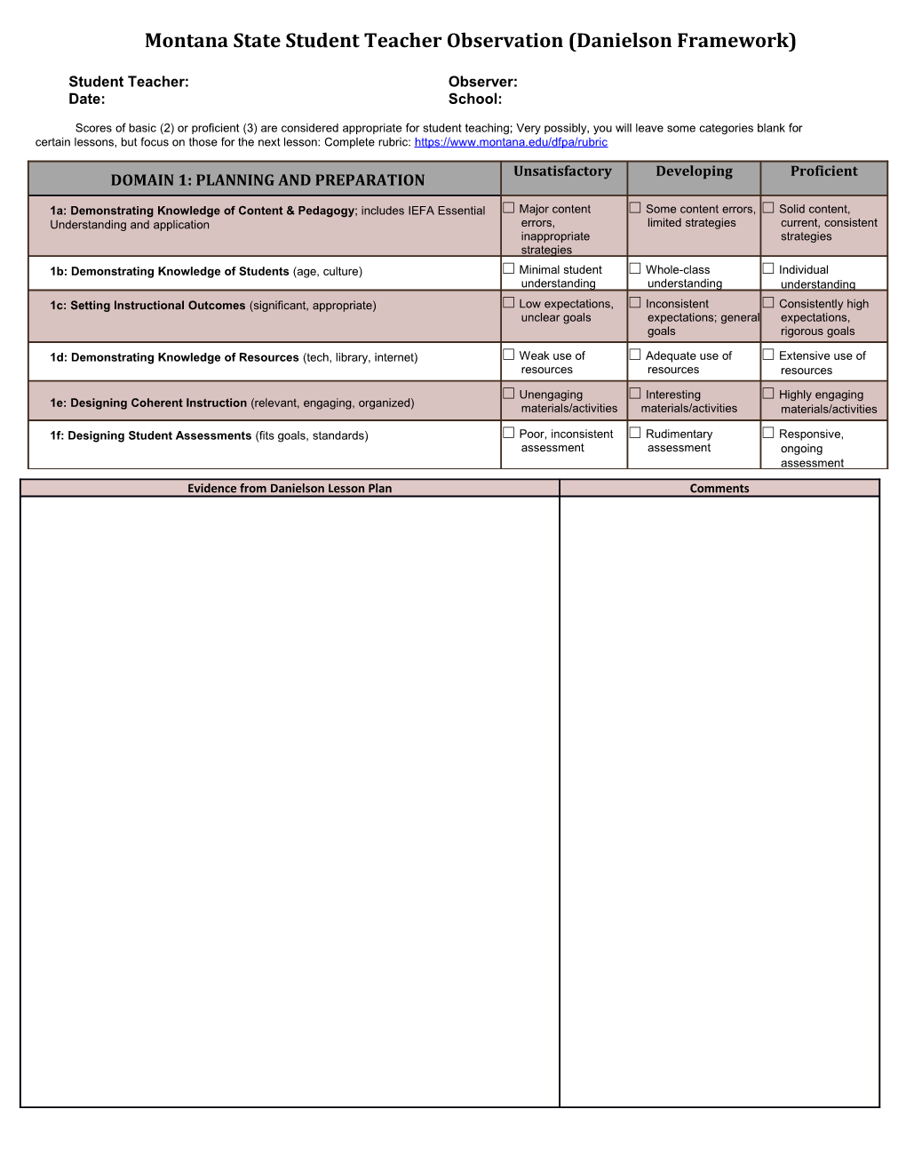 Montana State Student Teacher Observation (Danielson Framework)