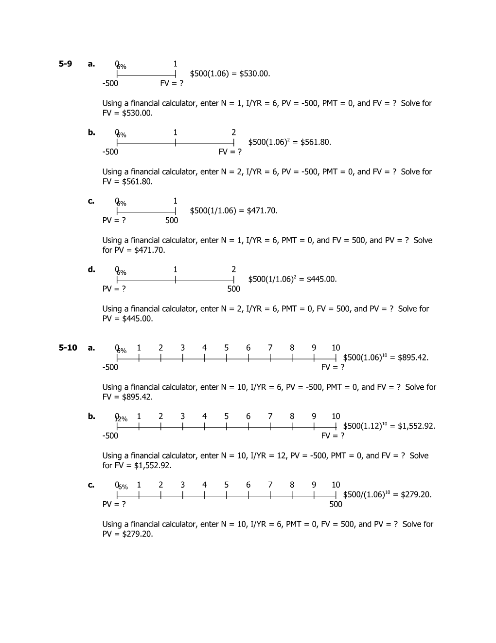 Using a Financial Calculator, Enter N = 1, I/YR = 6, PV = -500, PMT = 0, and FV = ? Solve