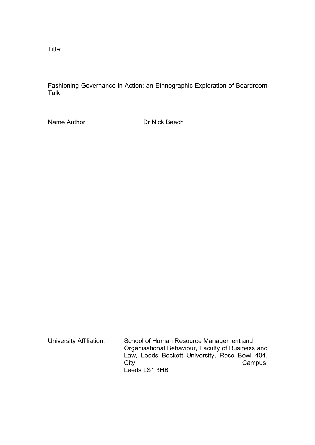 Fashioning Governance in Action: an Ethnographic Exploration of Boardroom Talk