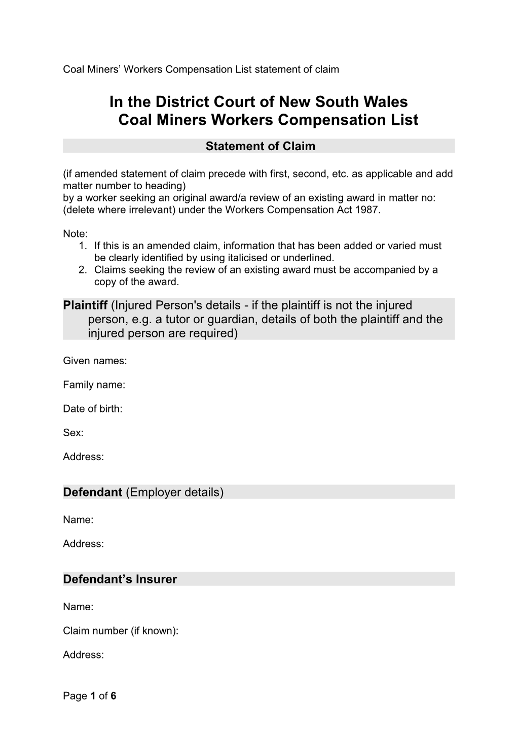 Coal Miners Workers Compensation Statement of Claim