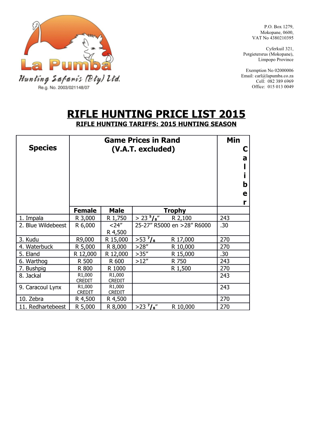 Rifle Hunting Price List 2015