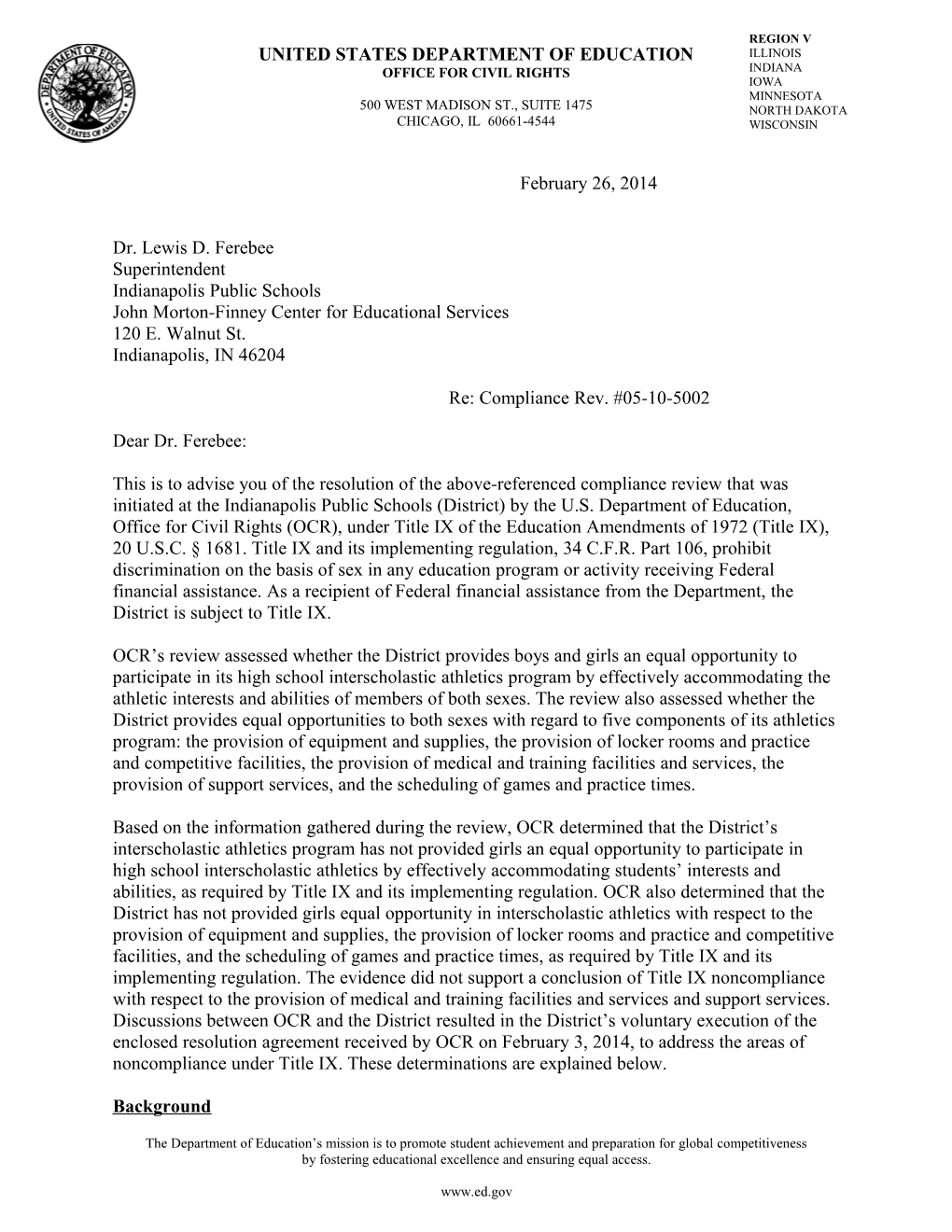 Resolution Letter: Indianapolis Public Schools, Indiana: Compliance Review #05-10-5002