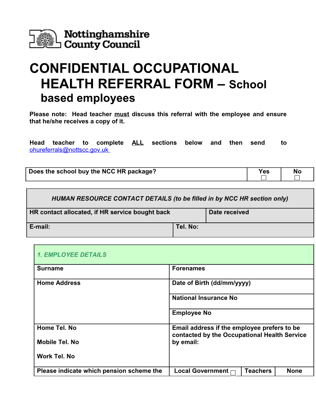 Occupational Health Referral Form School Based Employees April 2014