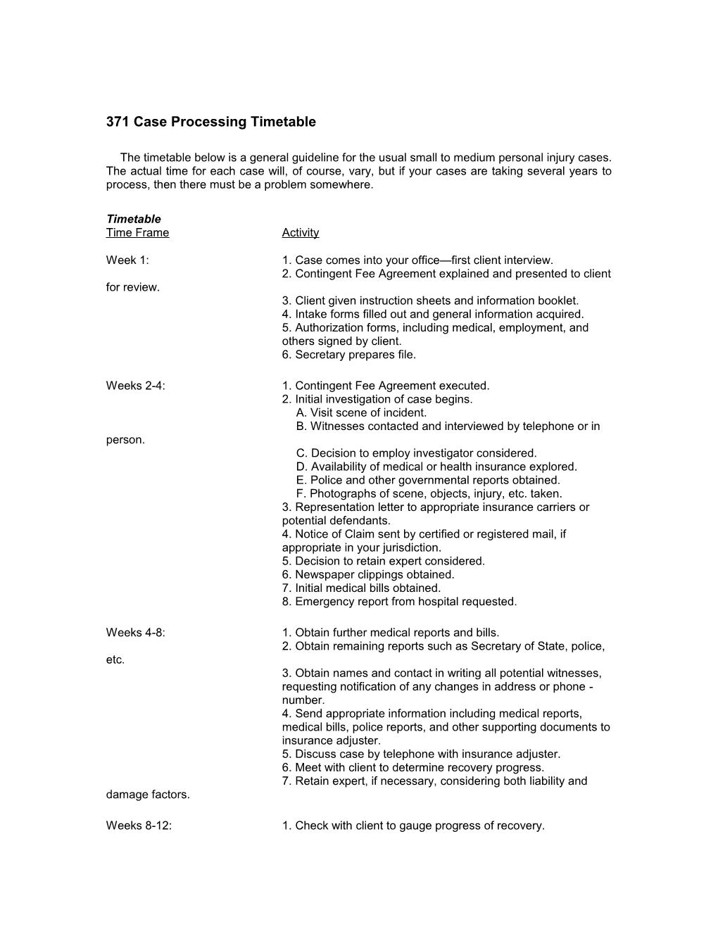 Case Processing Timetable