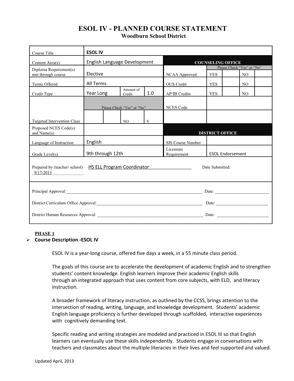 Esol Iv - Planned Course Statement