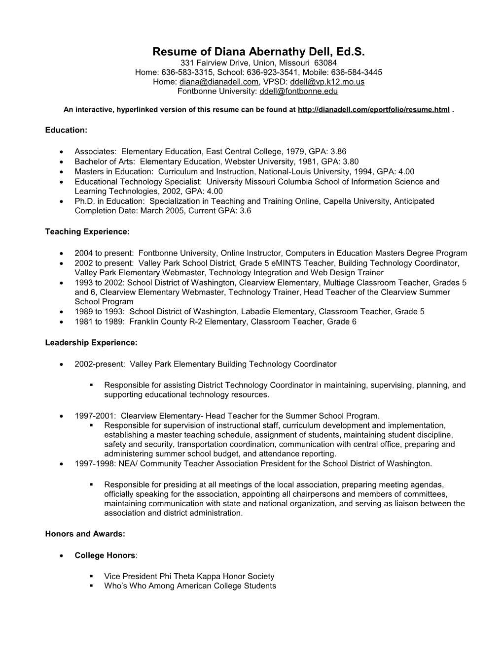 Resume of Diana Abernathy Dell331 Fairview Drive, Union, Missouri 63084Home: 636-583-3315