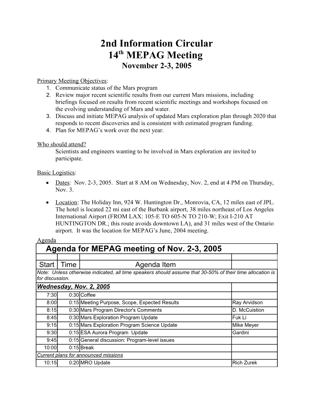 Mepag Meeting Planning