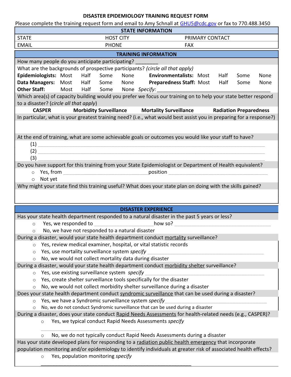 Disaster Epidemiology Training Request Form