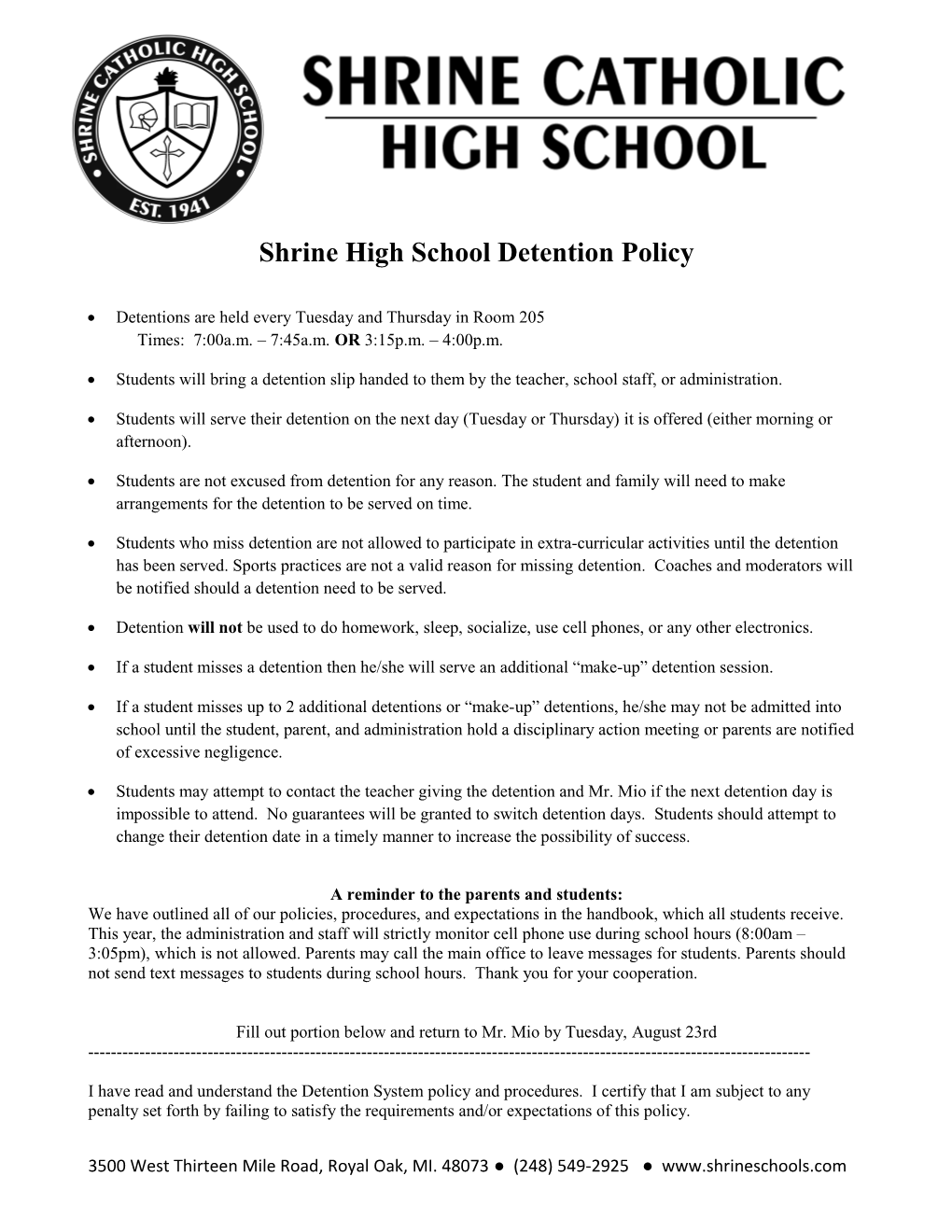 Shrine High School Detention Policy