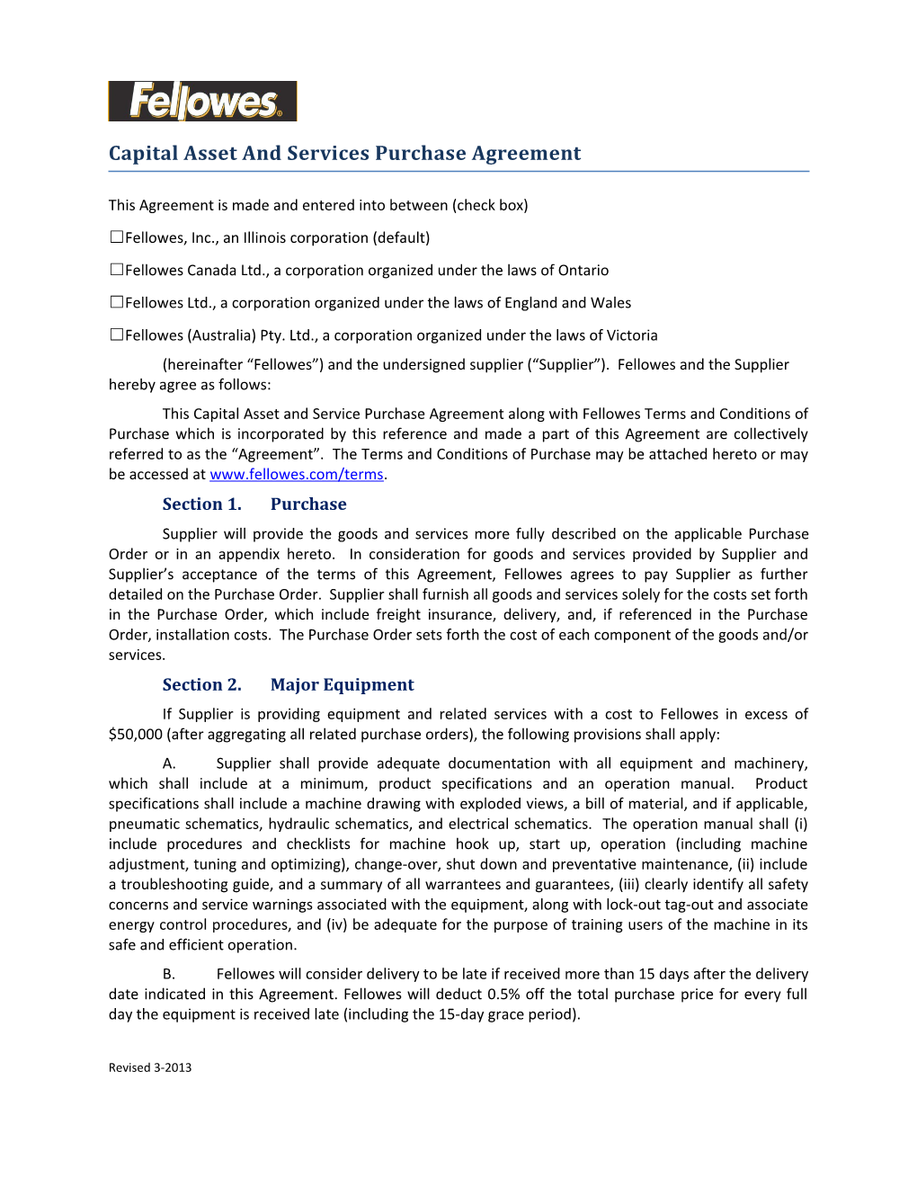 Fellowes Capital Asset and Services Purchase Agreement