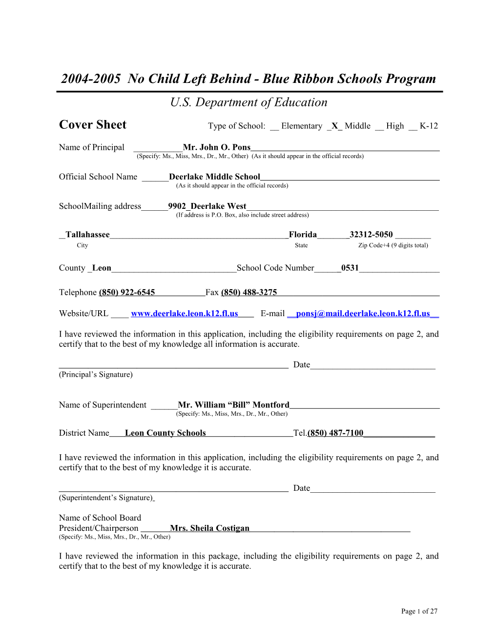 Deerlake Middle School Application: 2004-2005, No Child Left Behind - Blue Ribbon Schools