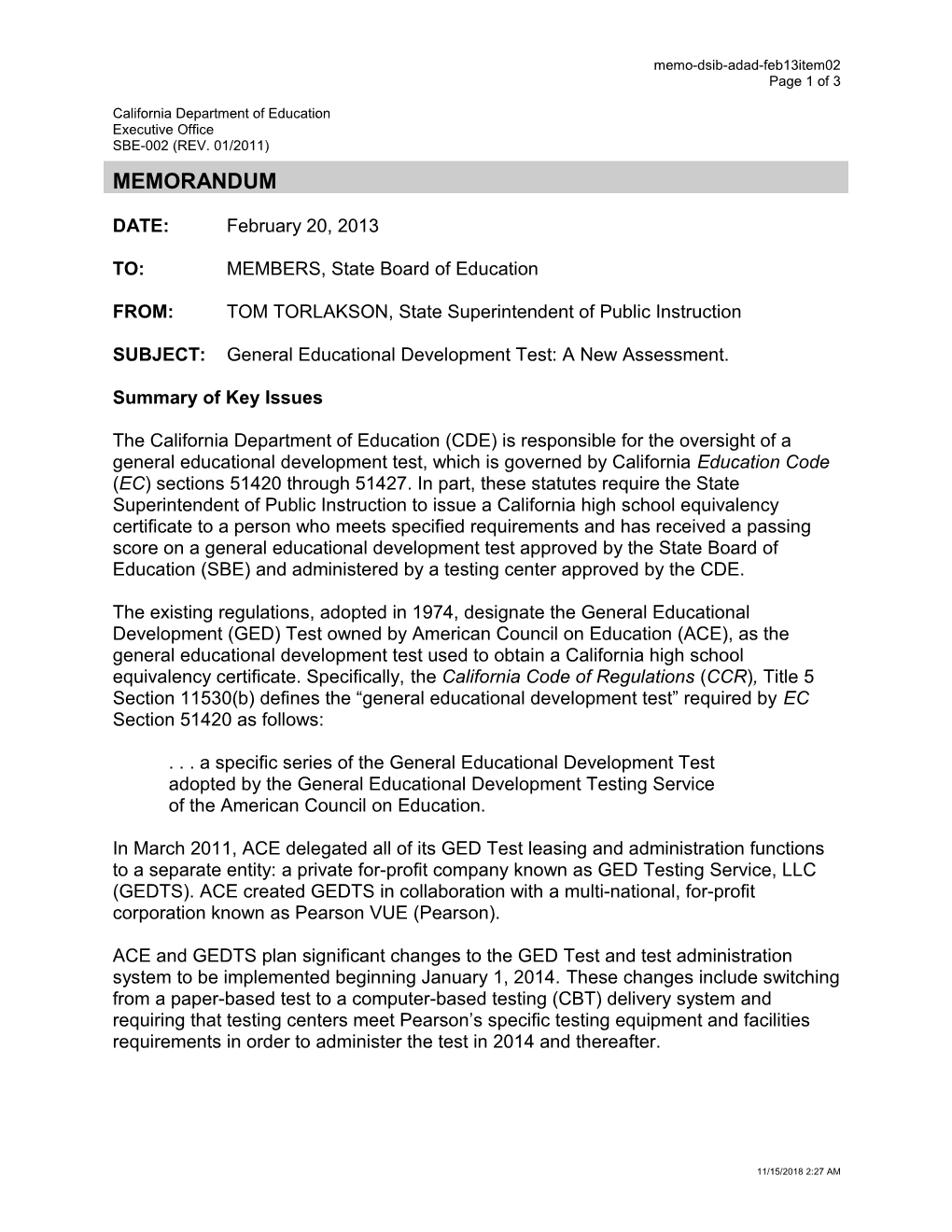 February 2013 Memorandum ADAD Item 2 - Information Memorandum (CA State Board of Education)