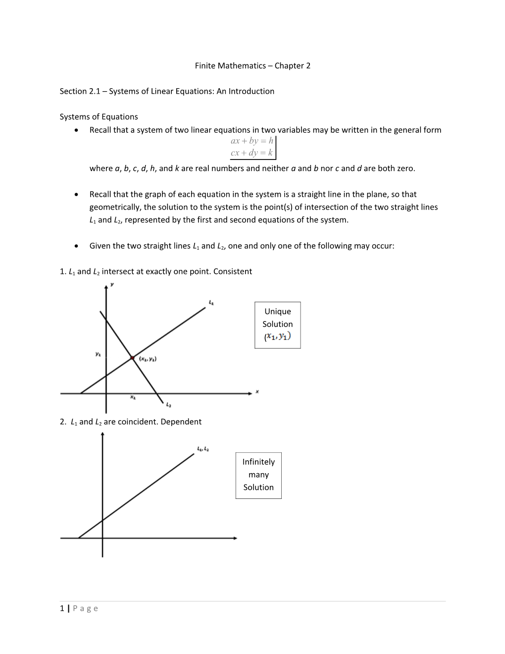 Section 2.1 Systems of Linear Equations: an Introduction