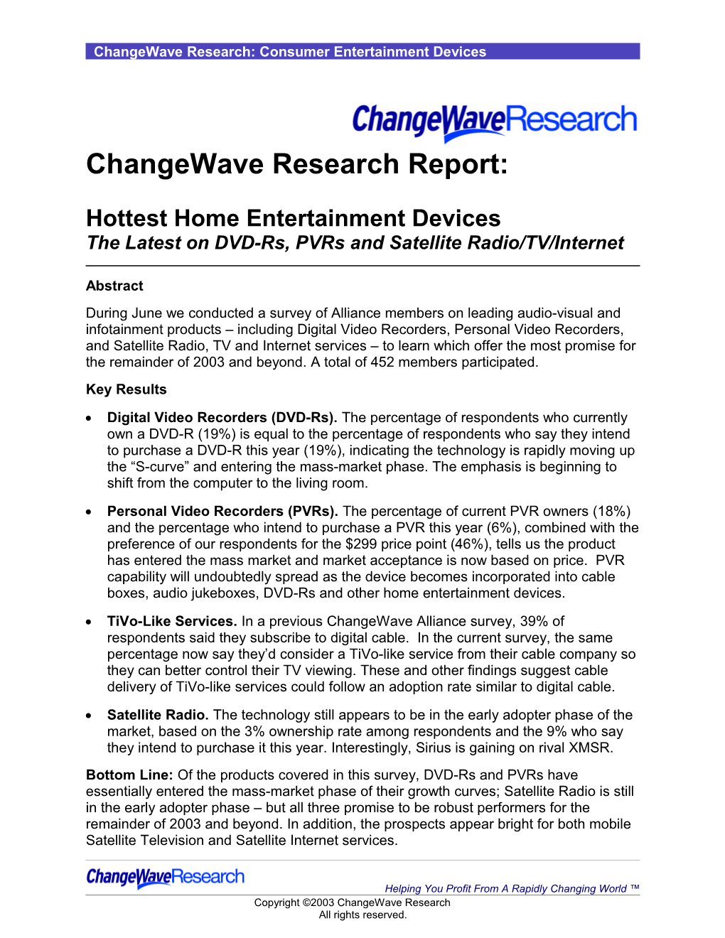 Changewave Research: Consumer Entertainment Devices