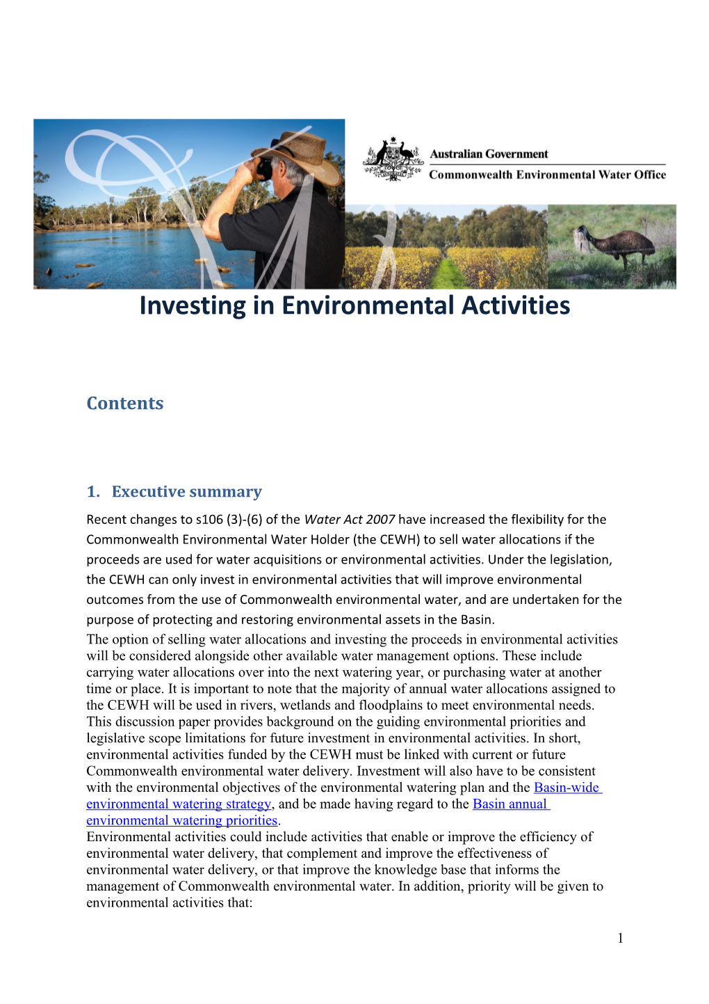 Discussion Paper: Development of a Framework for Investing in Environmental Activities