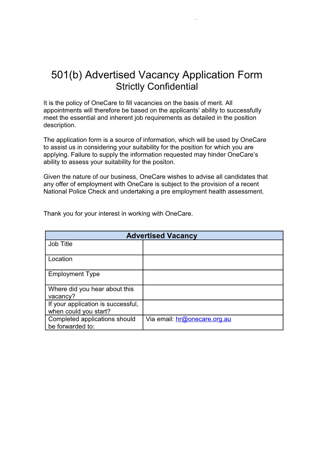 501(B) Advertised Vacancy Application Form