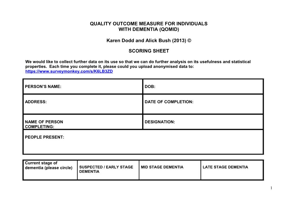 Quality of Life Measure for People with Intellectual Disabilities and Dementia (Qolmid)