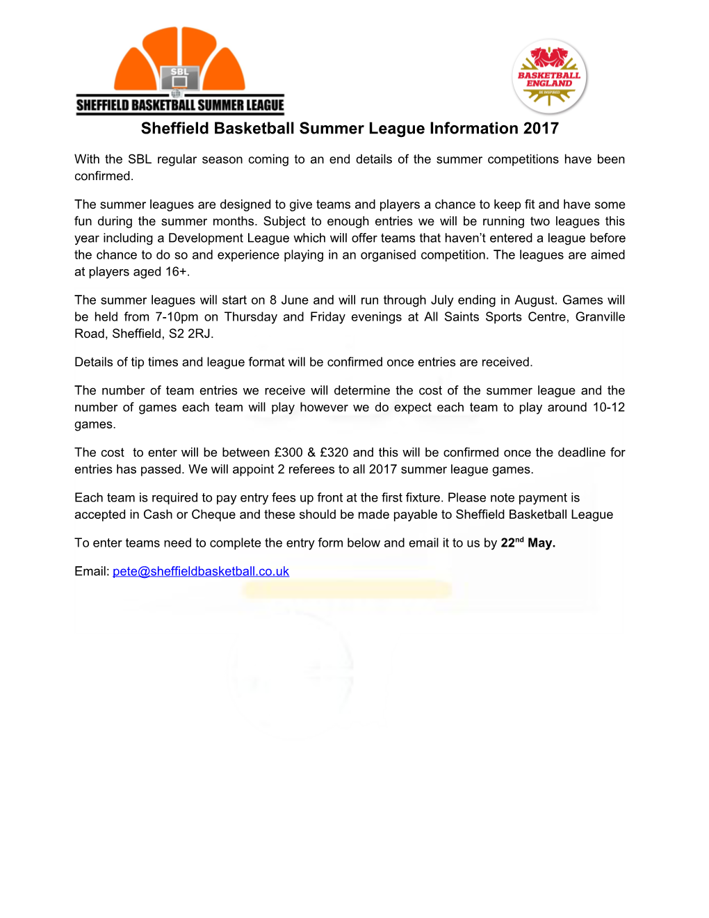Sheffield Basketball Summer League Information2017