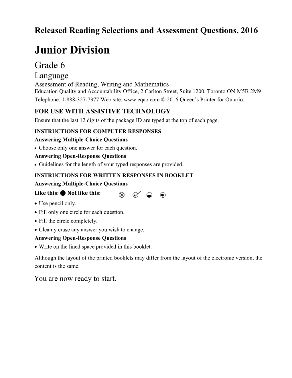 Grade 6, Junior Division Sample Assessment Booklet: Word Optimized for Premier, 2016