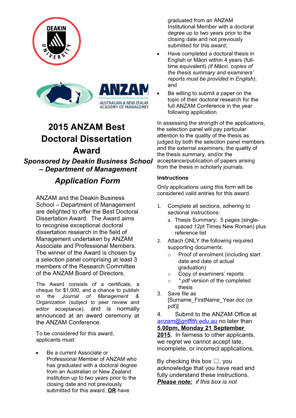 2015 ANZAM Best Doctoral Dissertation Award