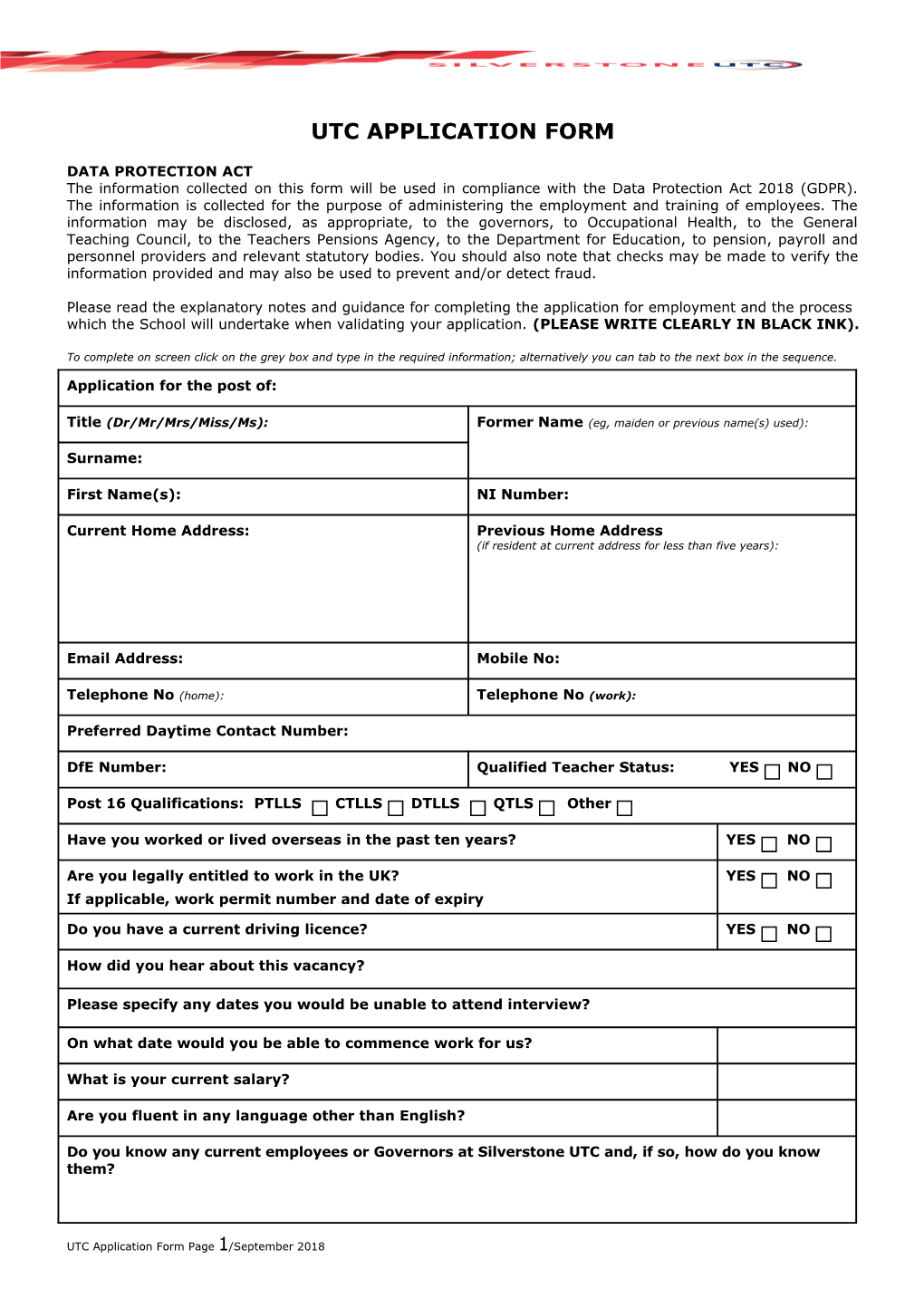 UTC Application Form